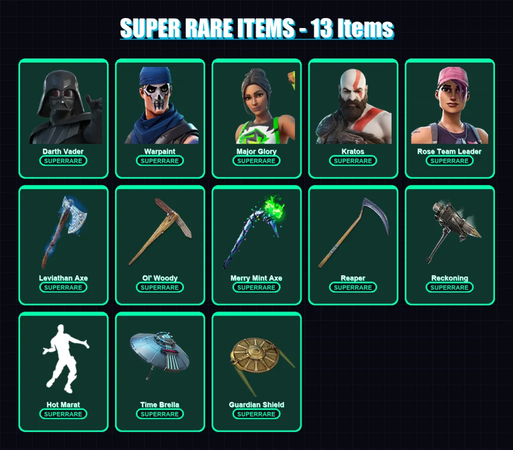 [PC/PSN] | Darth Vader | Warpaint | Major Glory | Kratos | Rose Team Leader | 273 skin | 234 pickaxe | 150 emote | 192 glider | Lv2730