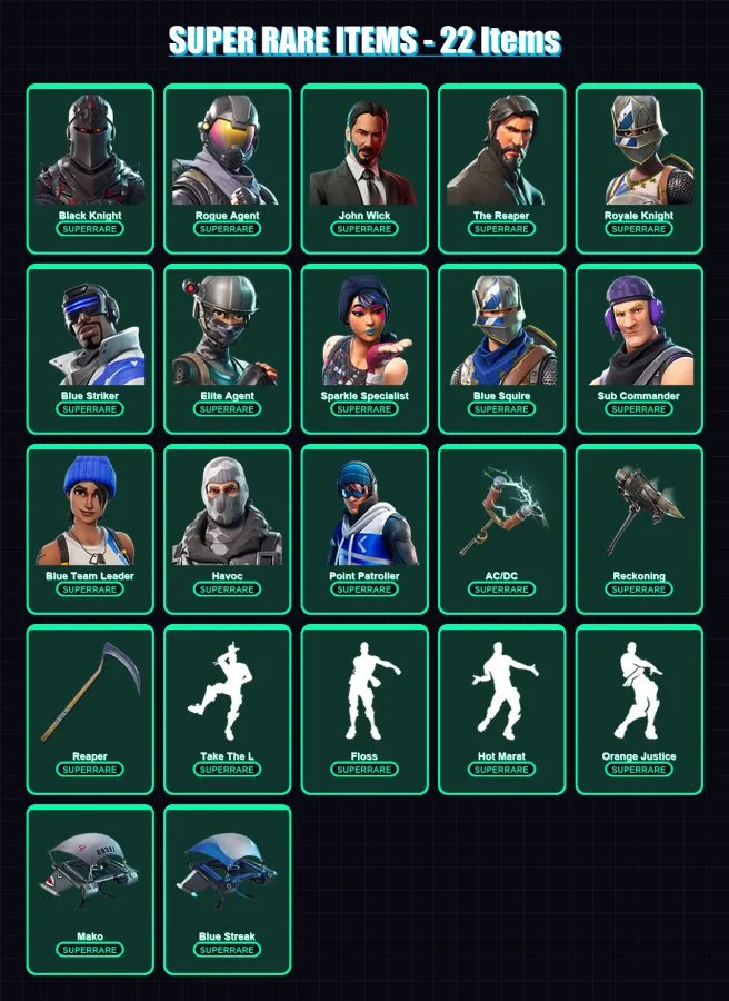 [PC/XBOX] | Black Knight | Rogue Agent | John Wick | The Reaper | Royale Knight | 118 skin | 77 pickaxe | 95 emote | 76 glider | Lv1253