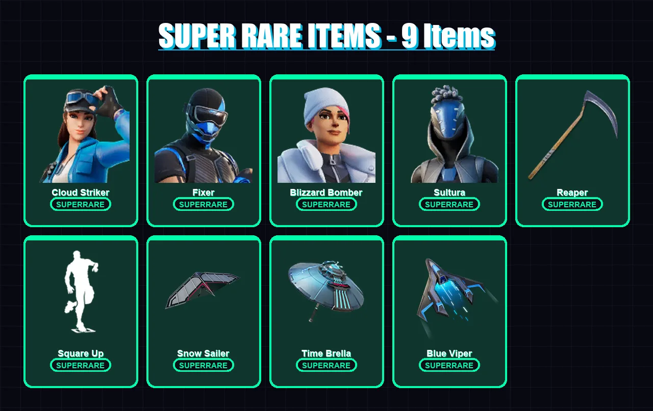 [PS4/PS5/XBOX/PC] | Cloud Striker | Fixer | Blizzard Bomber | Sultura | Twyn | 112 skin | 134 pickaxe | 80 emote | 91 glider | Lv1140