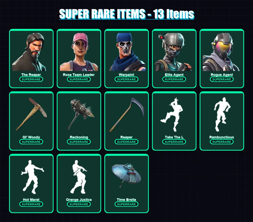 [PC/XBOX/PSN] | The Reaper | Omega | Renegade Raider | Rose Team Leader | Warpaint | 300 skin | 273 pickaxe | 189 emote | 194 glider | Lv2896