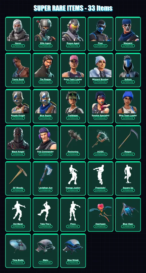 [PS4/PS5/PC] | Havoc | Elite Agent | Rogue Agent | Fixer | Warpaint | 258 skin | 211 pickaxe | 154 emote | 176 glider | Lv2508
