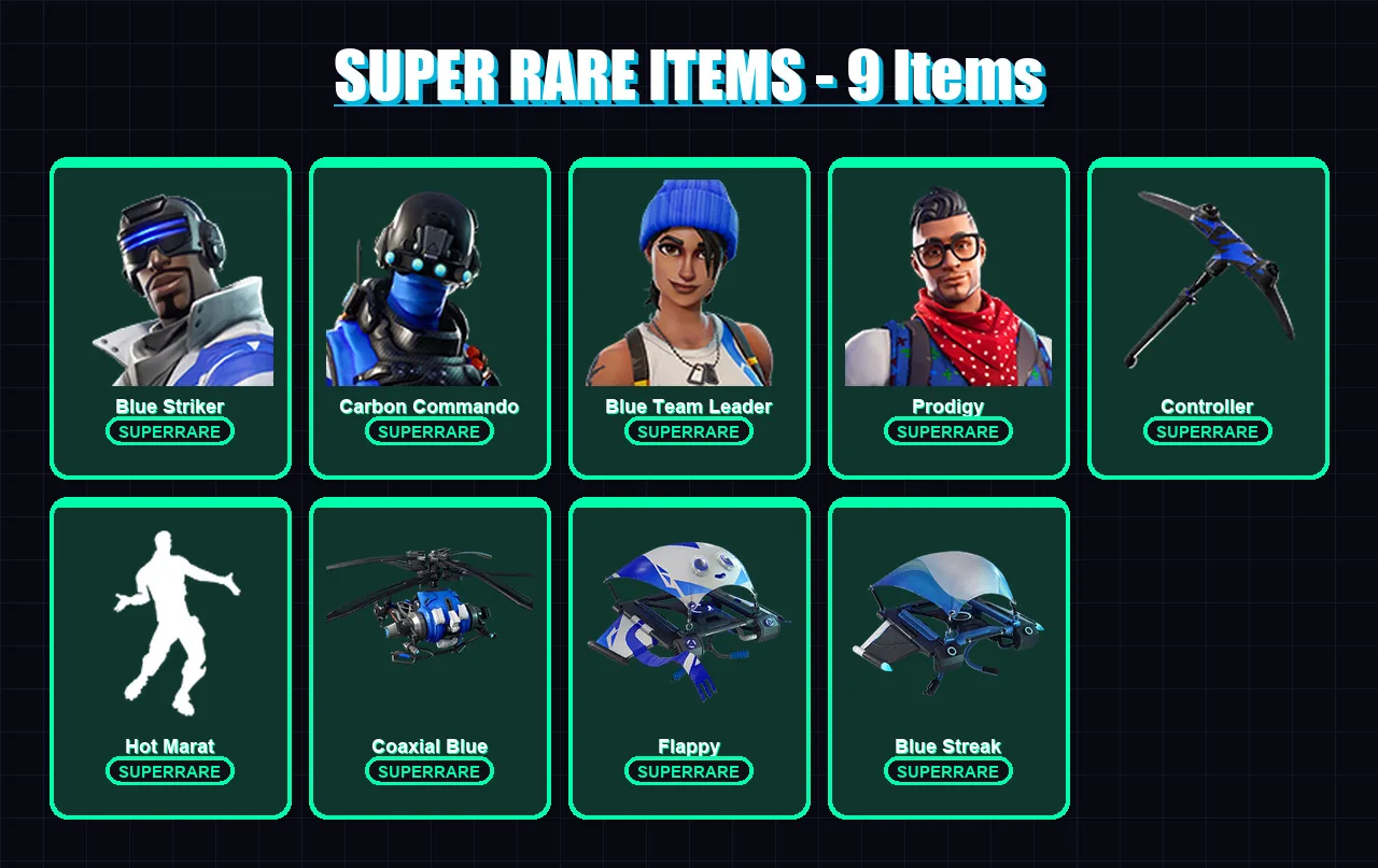 [PC/XBOX/PSN] | Blue Striker | Carbon Commando | Blue Team Leader | Prodigy | Lt. Evergreen | 6 skin | 4 pickaxe | 6 emote | 6 glider | Lv68