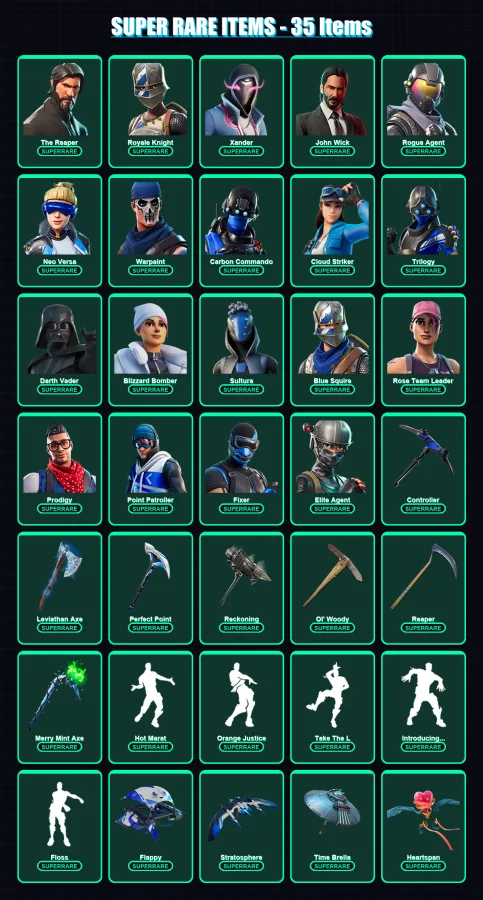 [PS4/PS5/XBOX/PC] | The Reaper | Royale Knight | Xander | John Wick | Rogue Agent | 353 skin | 280 pickaxe | 275 emote | 224 glider | Lv3618