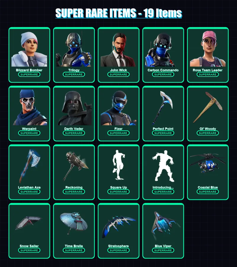 [PC/XBOX] | Blizzard Bomber | Trilogy | John Wick | Carbon Commando | Rose Team Leader | 270 skin | 259 pickaxe | 202 emote | 173 glider | Lv1923