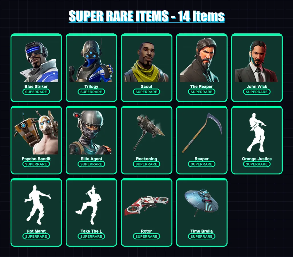 [PS4/PS5/XBOX/PC] | Blue Striker | Trilogy | Scout | The Reaper | John Wick | 211 skin | 66 pickaxe | 163 emote | 75 glider | Lv1120