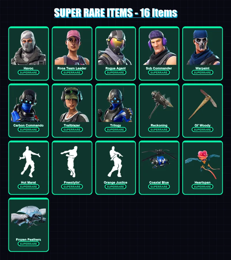 [PC/XBOX/PSN] | Havoc | Rose Team Leader | Rogue Agent | Sub Commander | Warpaint | 64 skin | 50 pickaxe | 55 emote | 50 glider | Lv461
