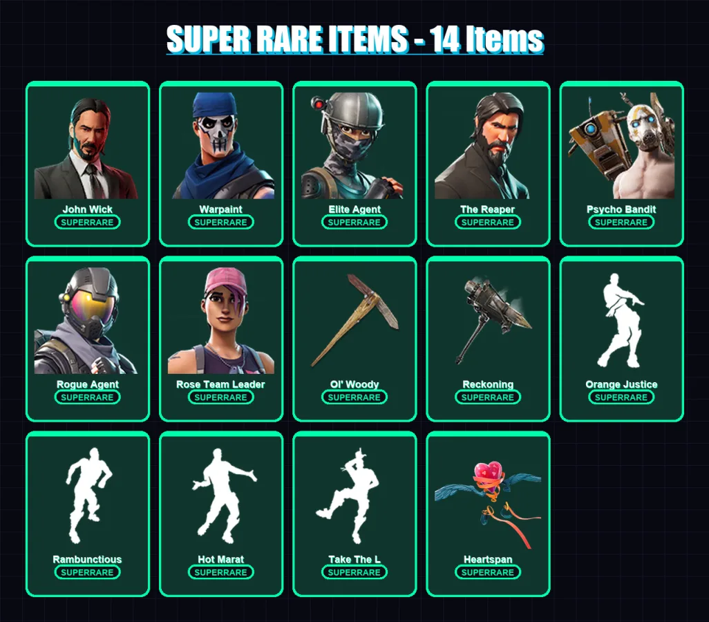 [PC/PSN] | John Wick | Warpaint | Elite Agent | The Reaper | Psycho Bandit | 219 skin | 164 pickaxe | 155 emote | 152 glider | Lv1952