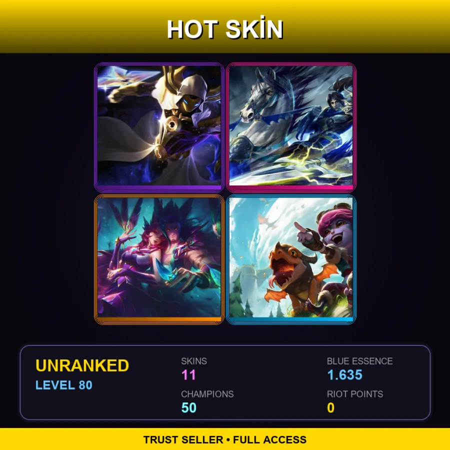 OCE | Lv80 | Unranked | 11 Skin | 50 Champ — Unranked / Smurf League of Legends