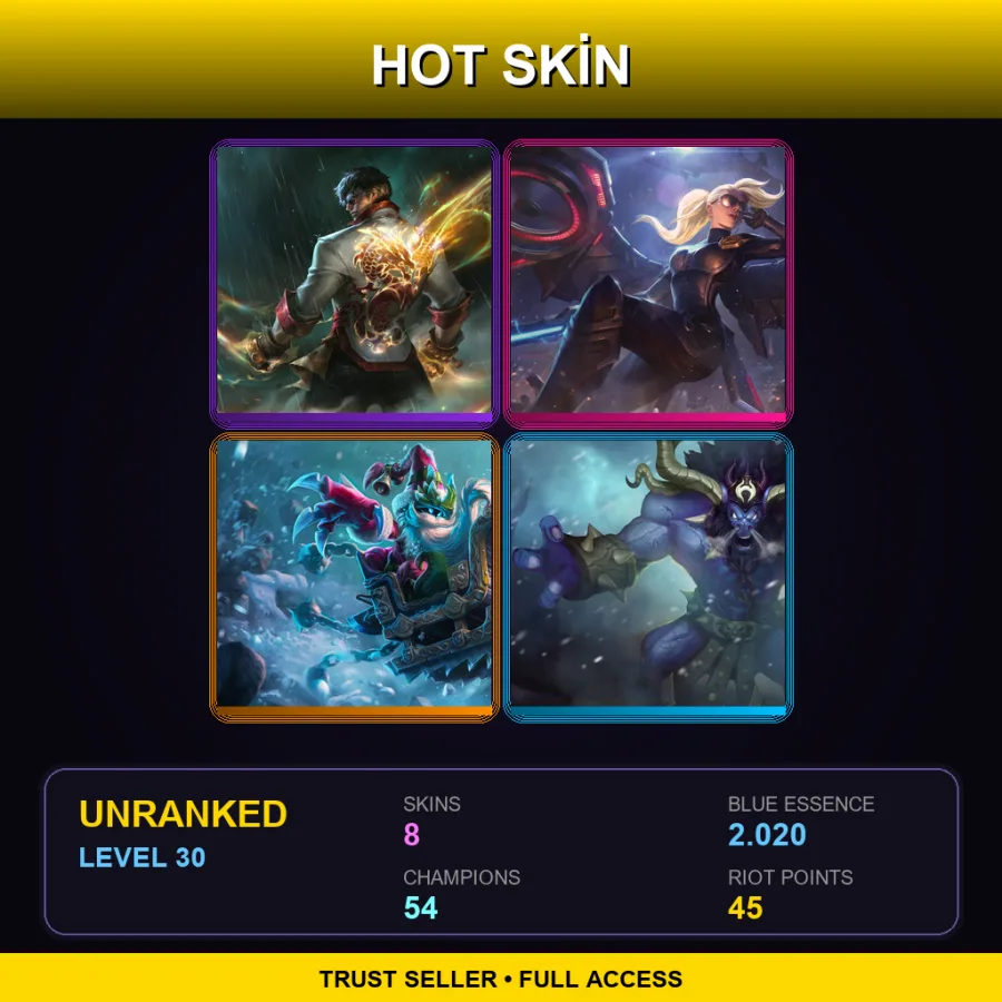 EUNE | Lv30 | Unranked | 8 Skin | 54 Champ — LoL account