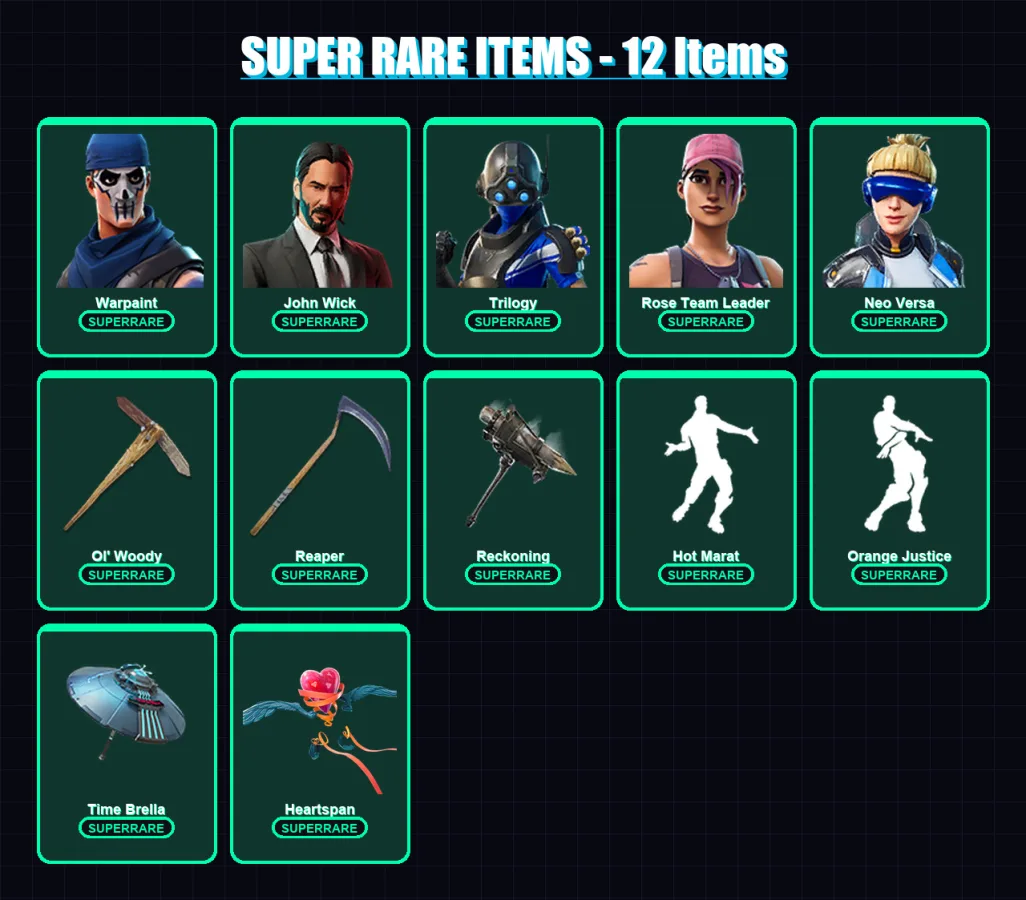 [PS4/PS5/XBOX/PC] | Warpaint | John Wick | Trilogy | Rose Team Leader | Neo Versa | 127 skin | 73 pickaxe | 95 emote | 79 glider | Lv1361
