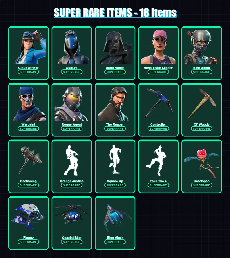 [PC] | Cloud Striker | Sultura | Darth Vader | Rose Team Leader | Elite Agent | 141 skin | 113 pickaxe | 73 emote | 75 glider | Lv788 — Fortnite account