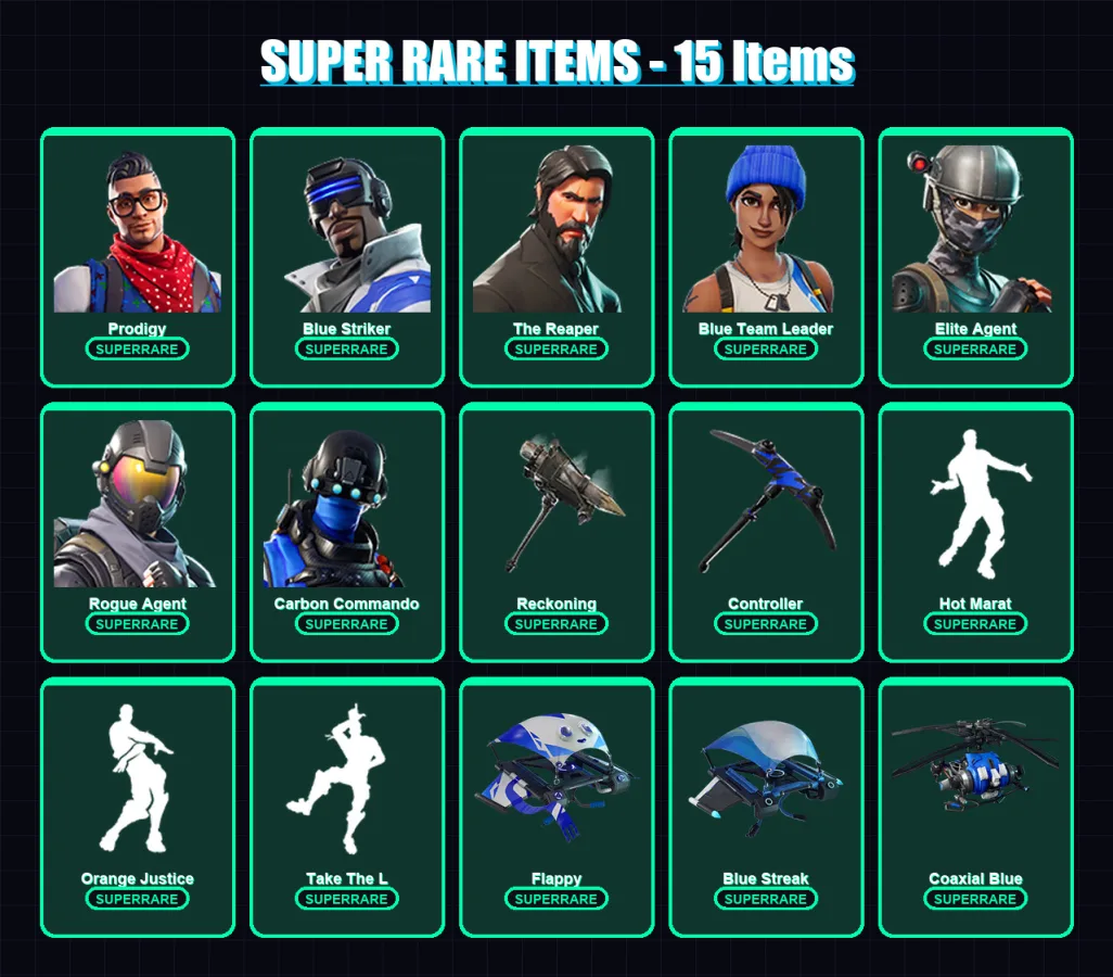 [PS4/PS5/XBOX/PC] | Prodigy | Blue Striker | The Reaper | Blue Team Leader | Elite Agent | 51 skin | 62 pickaxe | 56 emote | 61 glider | Lv1039