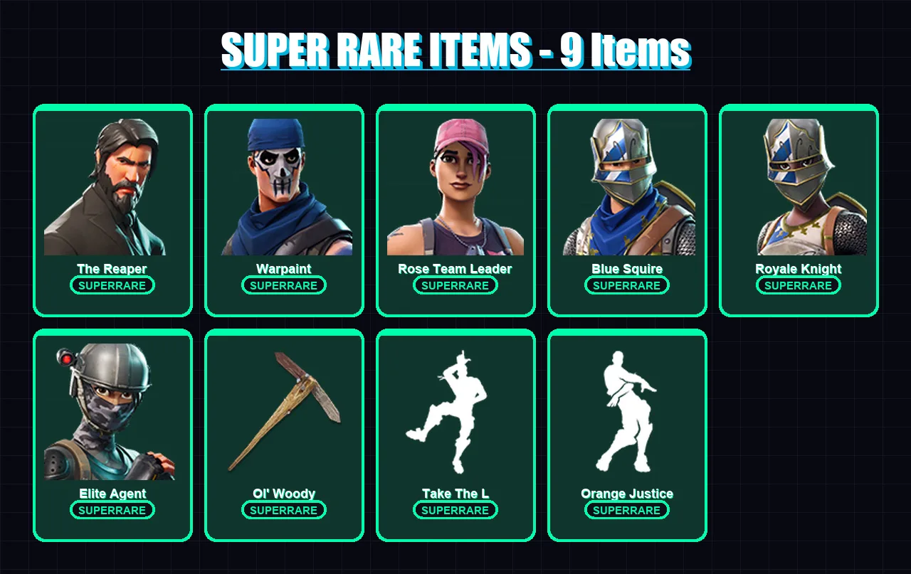 [PC] | The Reaper | Warpaint | Rose Team Leader | Blue Squire | Royale Knight | 222 skin | 237 pickaxe | 175 emote | 127 glider | Lv2413