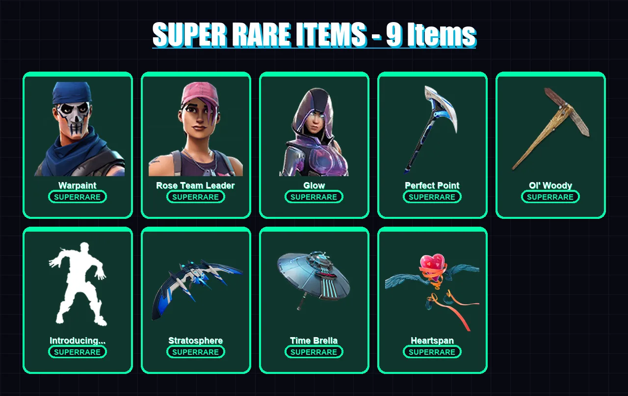 [PS4/PS5/XBOX/PC] | Warpaint | Rose Team Leader | Glow | Sentinel | Rox | 40 skin | 63 pickaxe | 57 emote | 62 glider | Lv729