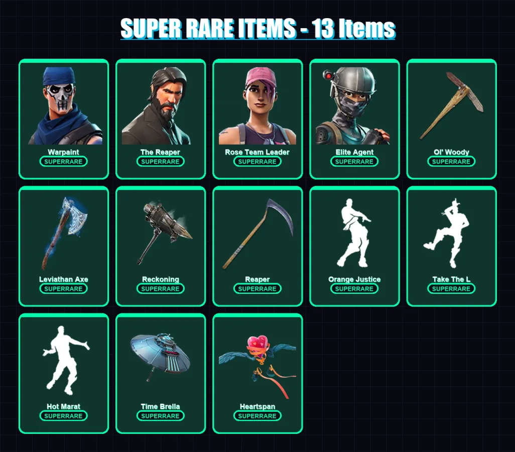 [PC/XBOX/PSN] | Warpaint | The Reaper | Rose Team Leader | Elite Agent | Omega | 220 skin | 194 pickaxe | 180 emote | 196 glider | Lv2733