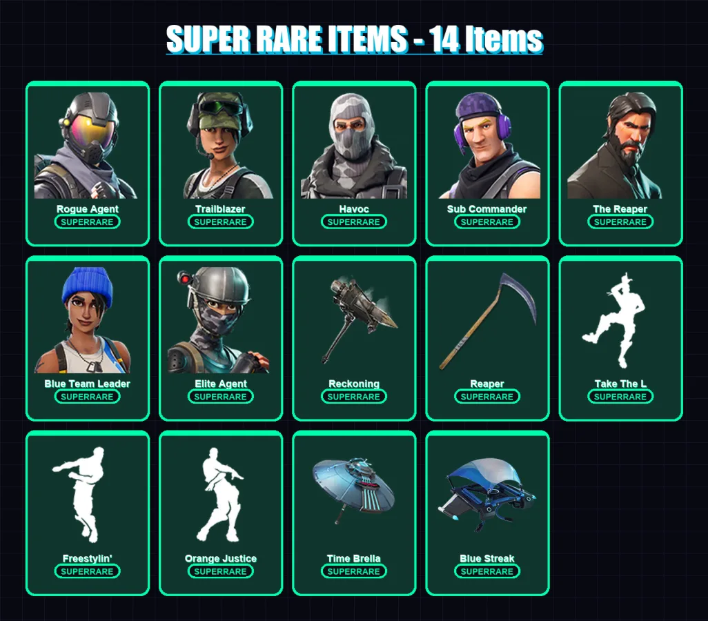 [PS4/PS5/XBOX/PC] | Rogue Agent | Trailblazer | Havoc | Sub Commander | The Reaper | 108 skin | 108 pickaxe | 72 emote | 81 glider | Lv1462