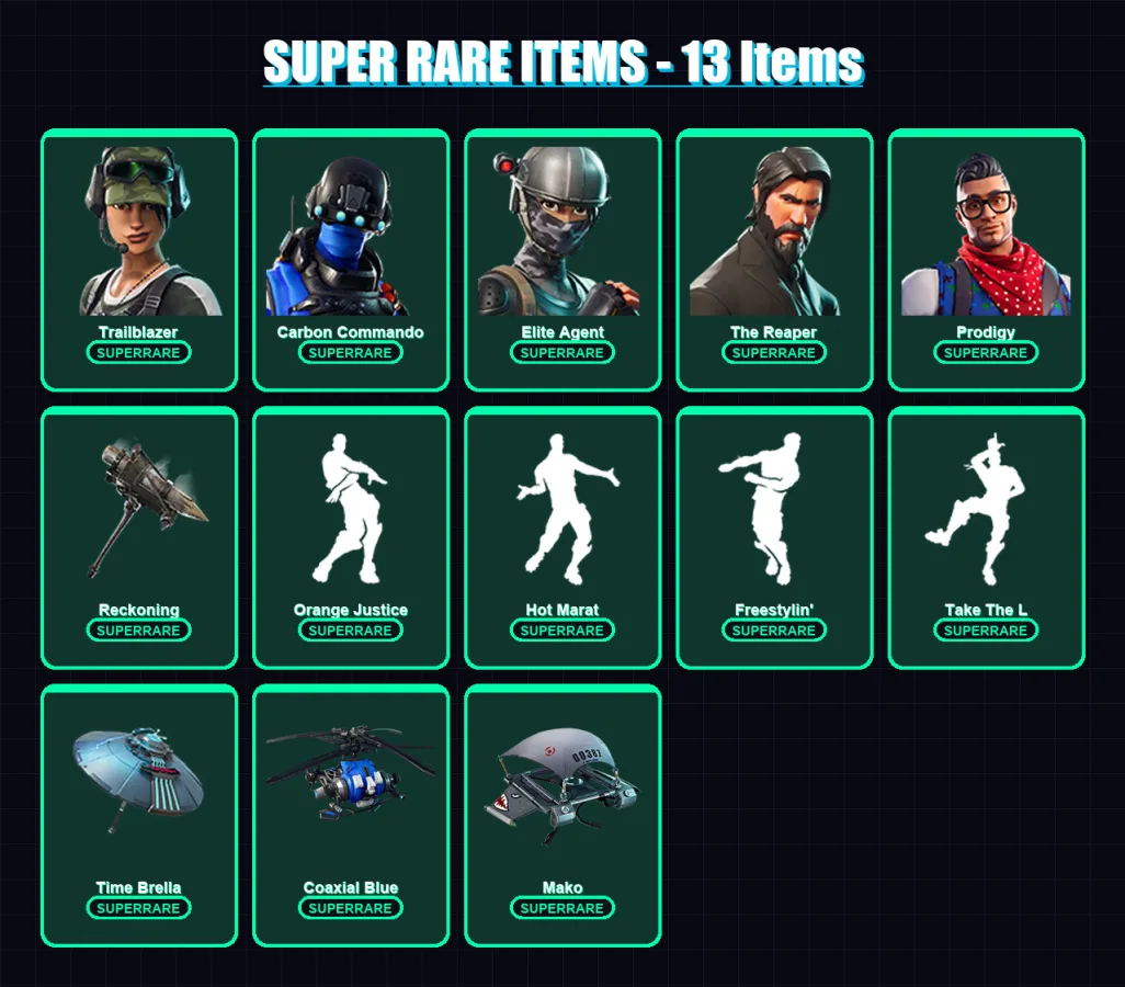 [PS4/PS5/XBOX/PC] | Trailblazer | Carbon Commando | Elite Agent | The Reaper | Prodigy | 64 skin | 58 pickaxe | 62 emote | 83 glider | Lv1271