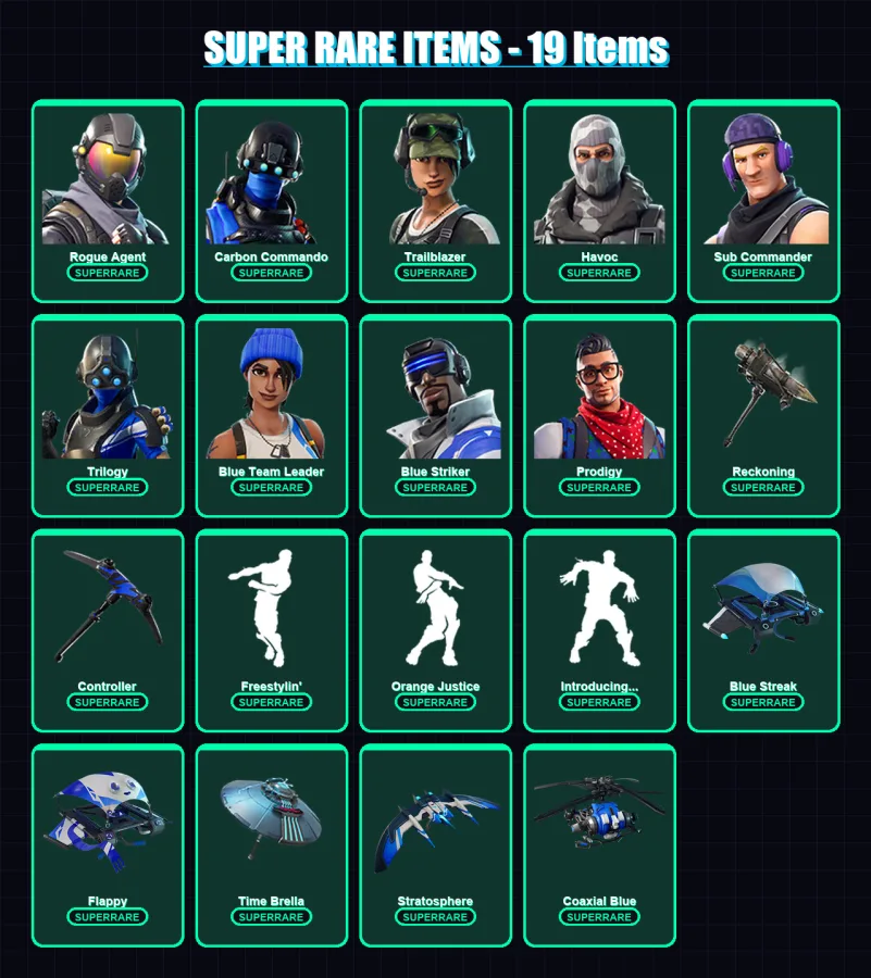 [PS4/PS5/PC] | Rogue Agent | Carbon Commando | Trailblazer | Havoc | Sub Commander | 58 skin | 50 pickaxe | 56 emote | 61 glider | Lv620