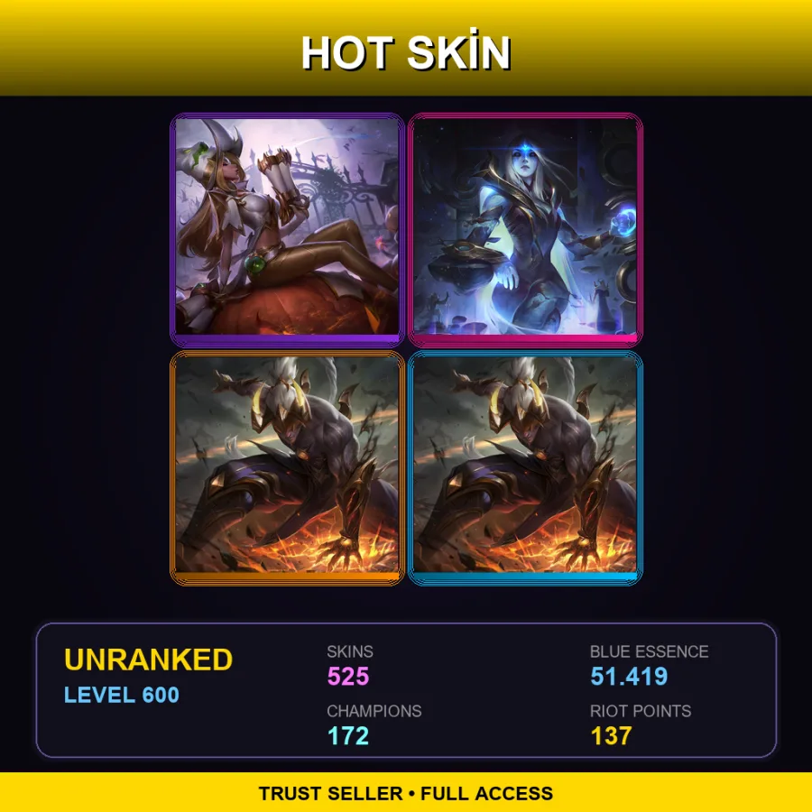 EUW | Lv600 | Unranked | 525 Skin | 172 Champ — LoL account