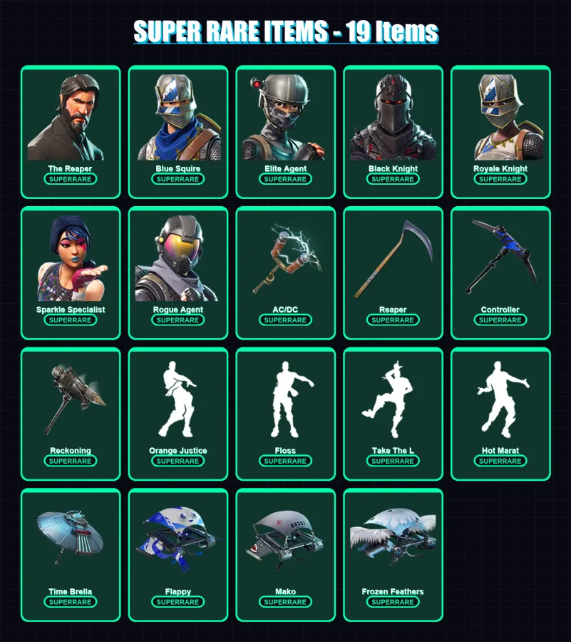 [PC/XBOX/PSN] | The Reaper | Blue Squire | Elite Agent | Black Knight | Royale Knight | 97 skin | 61 pickaxe | 101 emote | 66 glider | Lv903