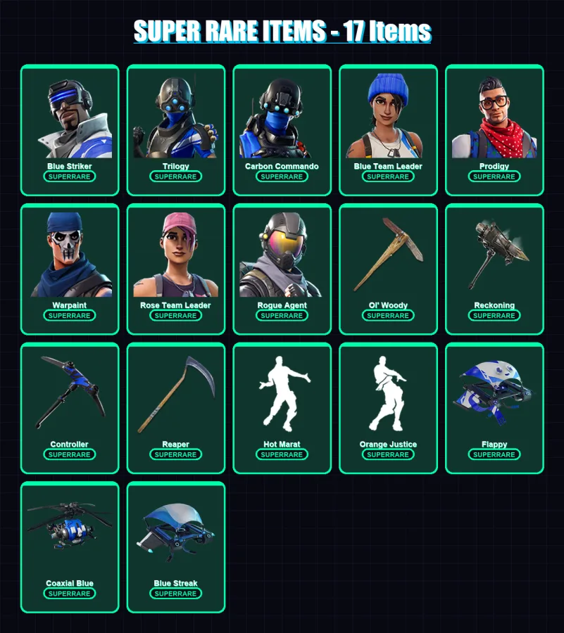 [PC/XBOX/PSN] | Blue Striker | Trilogy | Carbon Commando | Blue Team Leader | Prodigy | 45 skin | 38 pickaxe | 49 emote | 51 glider | Lv687
