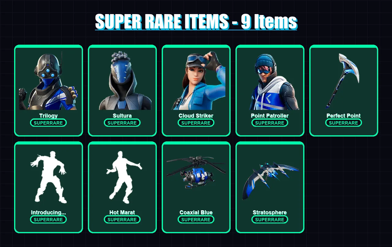 [PS4/PS5/XBOX/PC] | Trilogy | Sultura | Cloud Striker | Point Patroller | The Scientist | 90 skin | 82 pickaxe | 95 emote | 89 glider | Lv1082