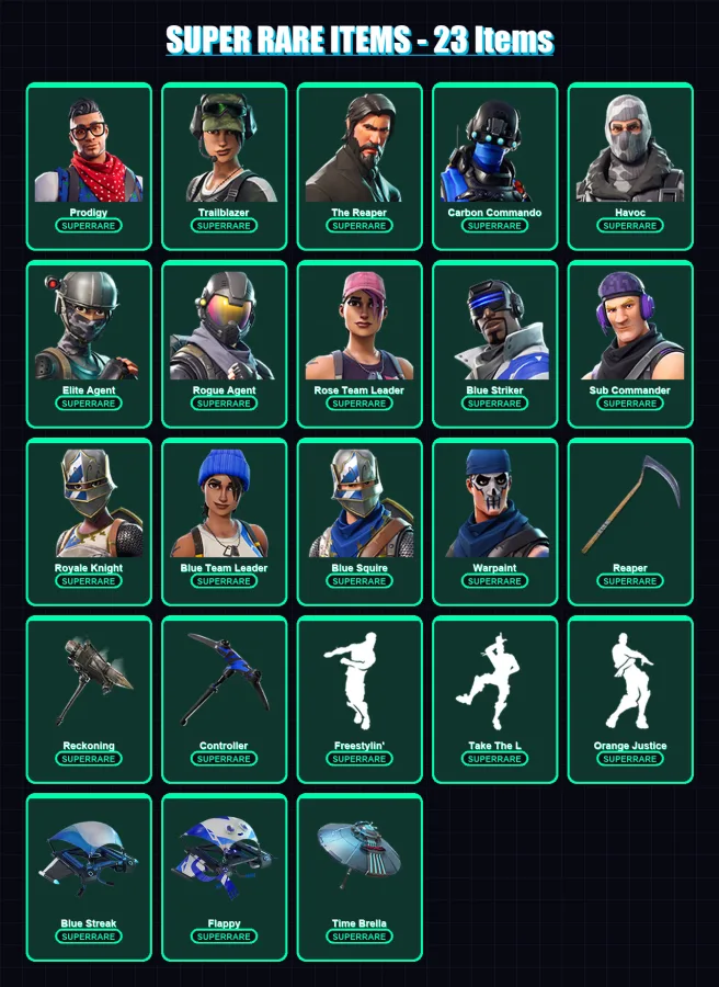 [PC/XBOX] | Prodigy | Trailblazer | The Reaper | Carbon Commando | Havoc | 128 skin | 77 pickaxe | 81 emote | 64 glider | Lv742