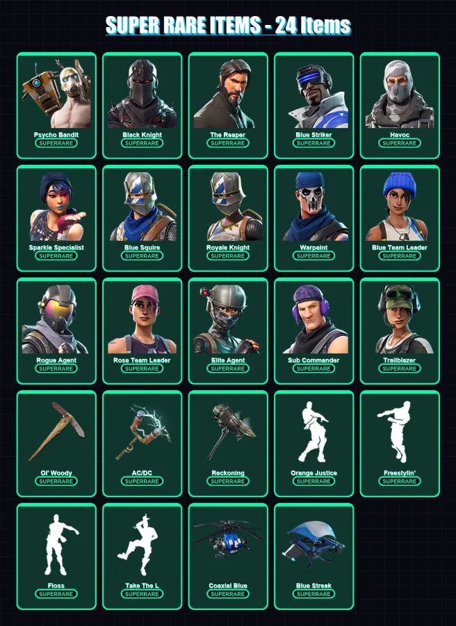 [PC/XBOX] | Psycho Bandit | Black Knight | The Reaper | Blue Striker | Havoc | 79 skin | 55 pickaxe | 66 emote | 53 glider | Lv381