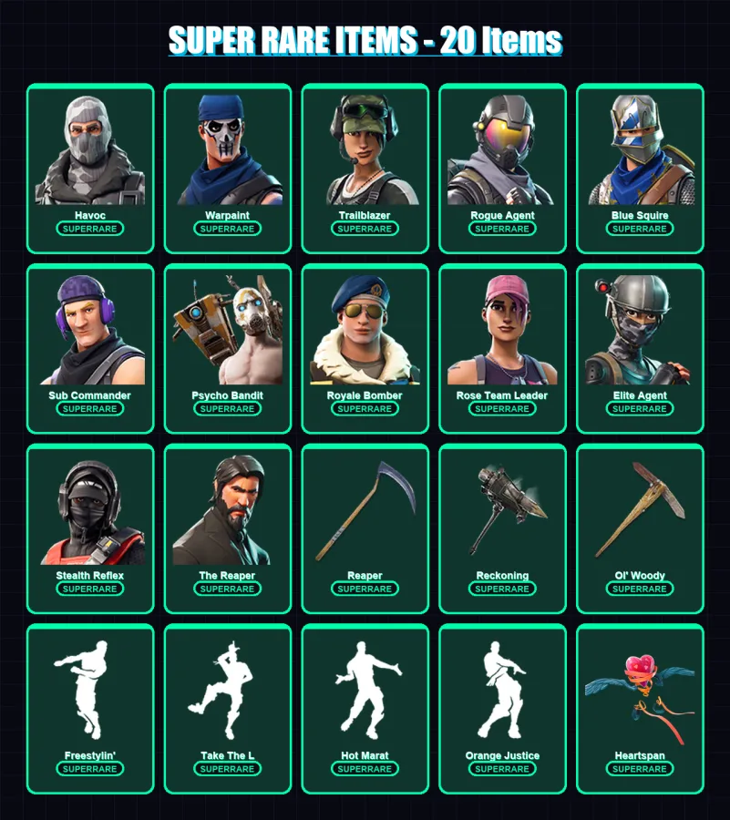 [PC/XBOX] | Havoc | Warpaint | Trailblazer | Rogue Agent | Blue Squire | 75 skin | 44 pickaxe | 55 emote | 51 glider | Lv514