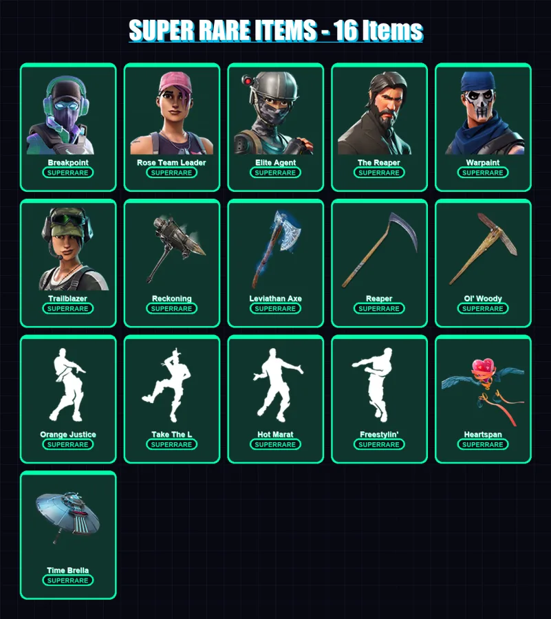 [PC/XBOX/PSN] | Breakpoint | Rose Team Leader | Elite Agent | The Reaper | Warpaint | 162 skin | 148 pickaxe | 130 emote | 145 glider | Lv1802