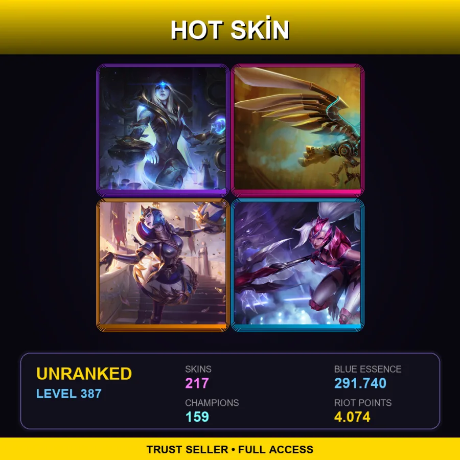 EUW | Lv387 | Unranked | 217 Skin | 159 Champ — LoL account