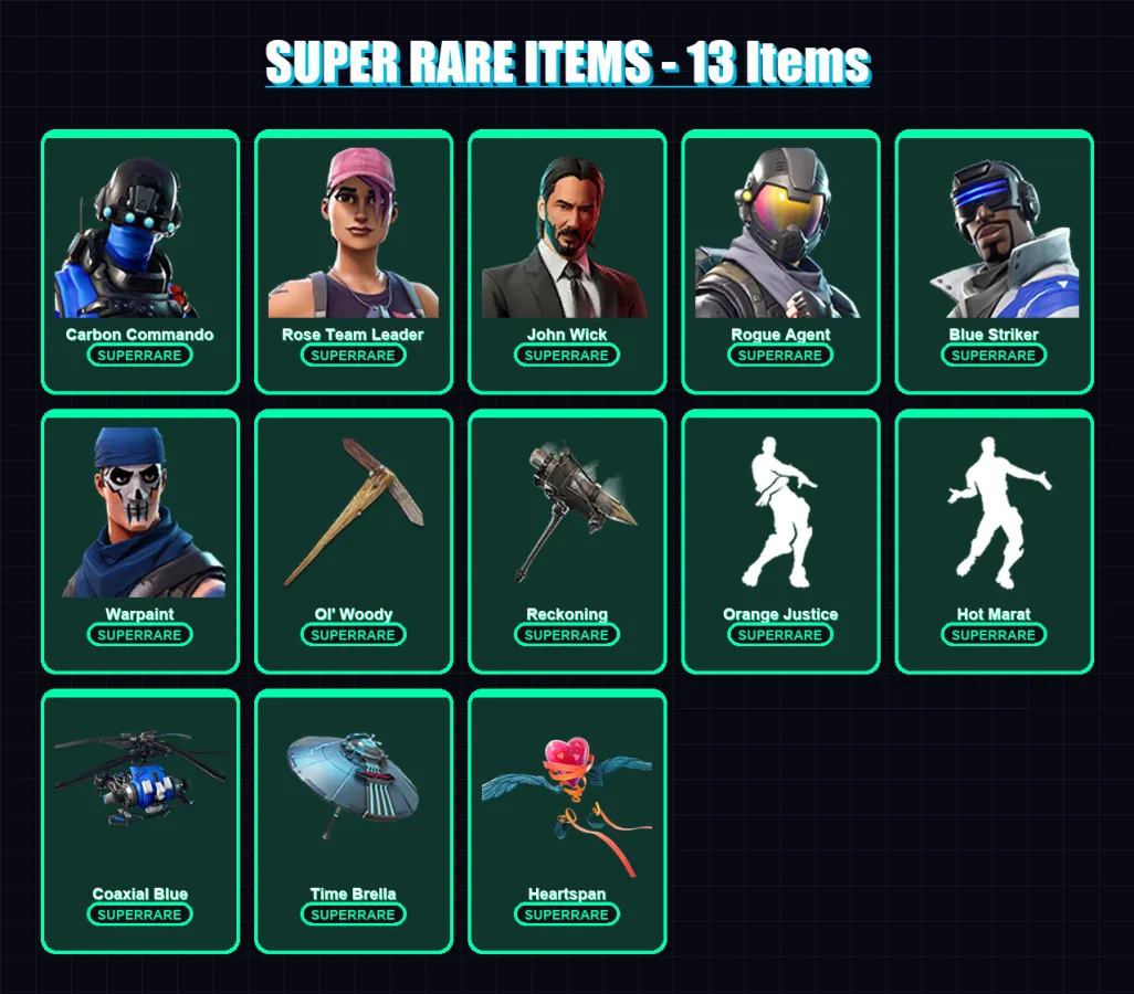 [PC/XBOX] | Carbon Commando | Rose Team Leader | John Wick | Rogue Agent | Blue Striker | 81 skin | 63 pickaxe | 67 emote | 71 glider | Lv945