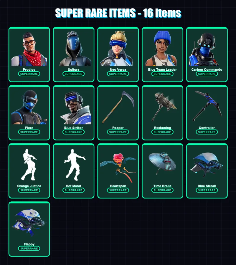 [PS4/PS5/PC] | Prodigy | Sultura | Neo Versa | Blue Team Leader | Carbon Commando | 102 skin | 90 pickaxe | 90 emote | 102 glider | Lv1476