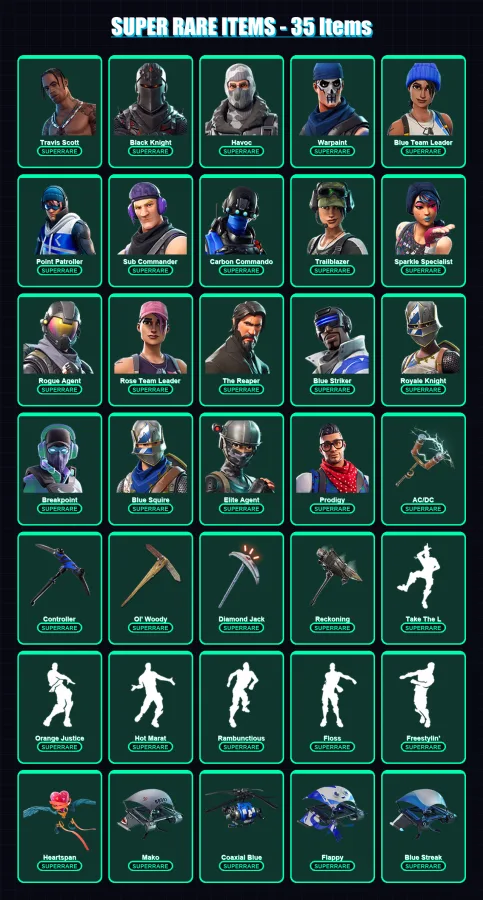 [PC/XBOX] | Travis Scott | Black Knight | Havoc | Warpaint | Blue Team Leader | 107 skin | 65 pickaxe | 116 emote | 80 glider | Lv939