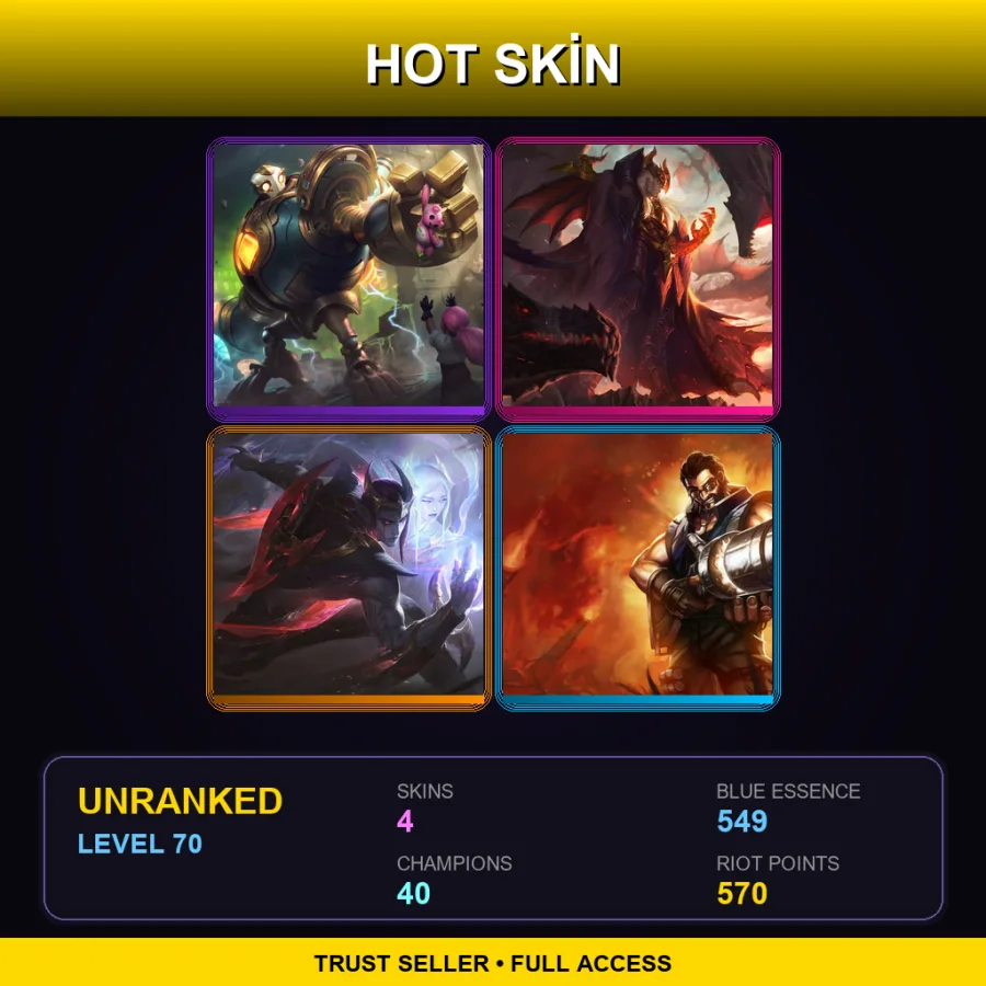 EUW | Lv70 | Unranked | 4 Skin | 40 Champ — LoL account