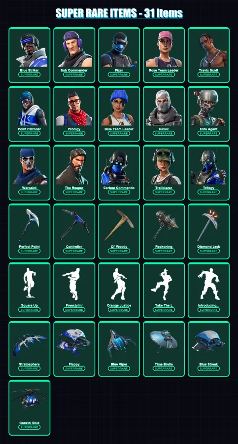 [PC/XBOX] | Blue Striker | Sub Commander | Fixer | Rose Team Leader | Travis Scott | 158 skin | 157 pickaxe | 149 emote | 137 glider | Lv1892