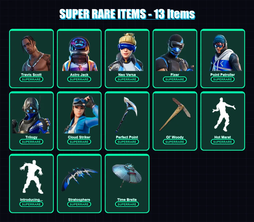 [PS4/PS5/PC] | Travis Scott | Astro Jack | Neo Versa | Fixer | Point Patroller | 126 skin | 151 pickaxe | 127 emote | 140 glider | Lv2096