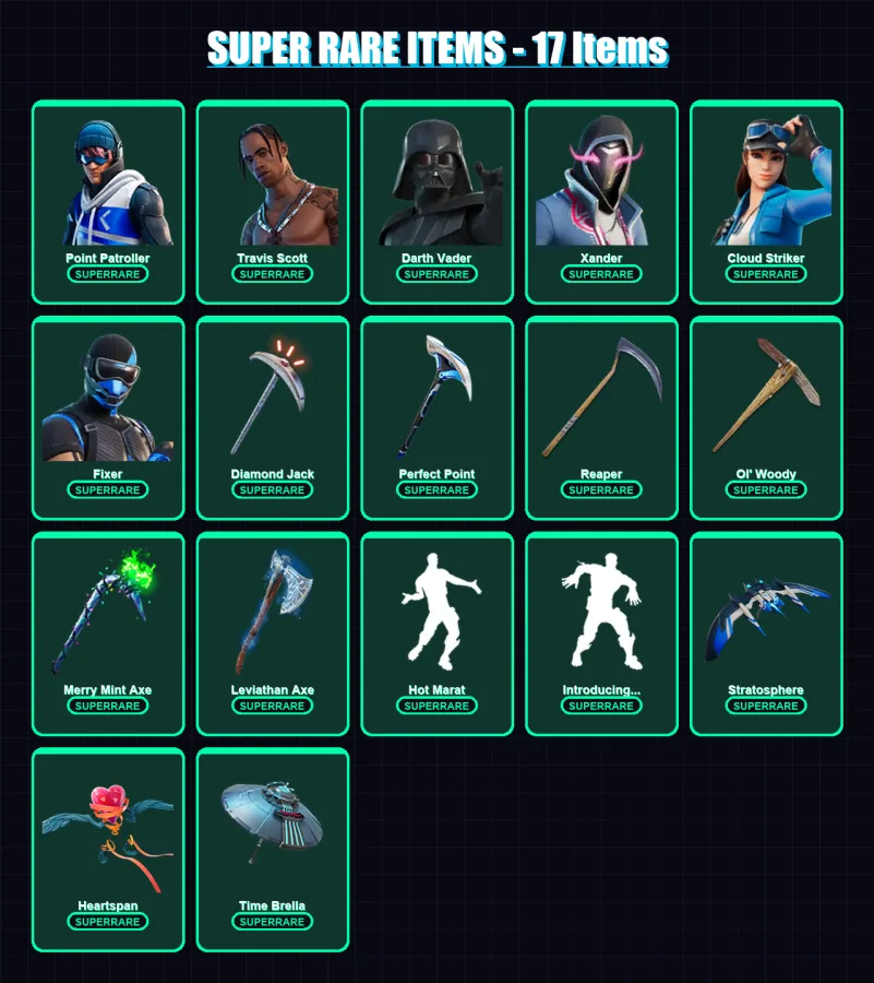 [PS4/PS5/PC] | Point Patroller | Travis Scott | Darth Vader | Xander | Cloud Striker | 239 skin | 266 pickaxe | 244 emote | 198 glider | Lv3726