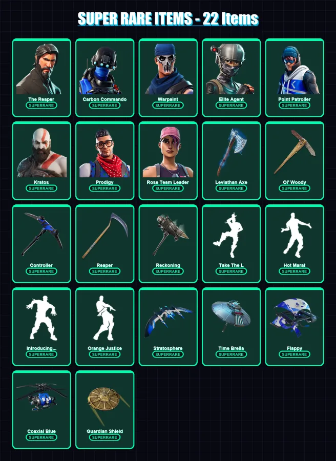 [PS4/PS5/XBOX/PC] | The Reaper | Carbon Commando | Warpaint | Elite Agent | Point Patroller | 148 skin | 151 pickaxe | 156 emote | 134 glider | Lv15