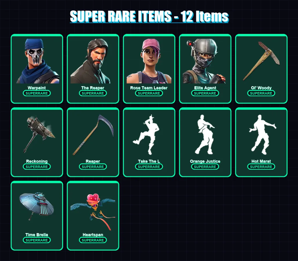 [PC/XBOX/PSN] | Warpaint | The Reaper | Rose Team Leader | Elite Agent | Valor | 59 skin | 80 pickaxe | 85 emote | 91 glider | Lv1519
