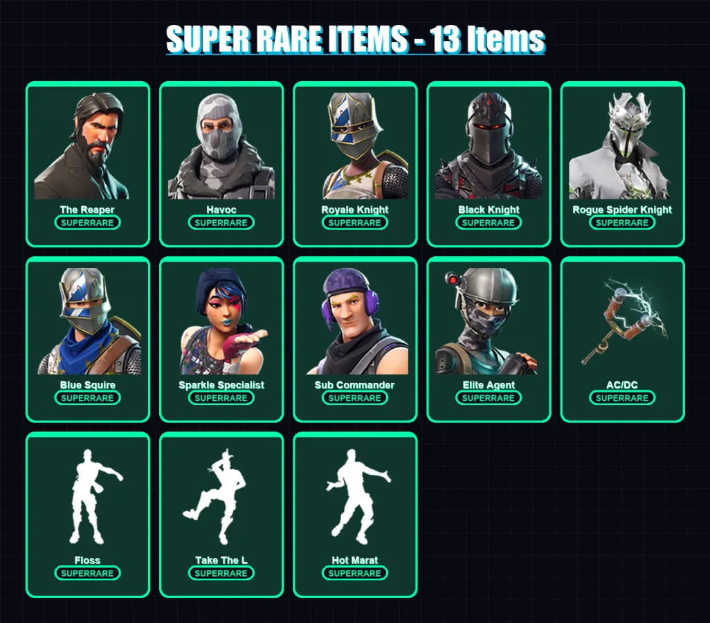 [PC/XBOX/PSN] | The Reaper | Havoc | Royale Knight | Black Knight | Rogue Spider Knight | 19 skin | 20 pickaxe | 26 emote | 30 glider | Lv354