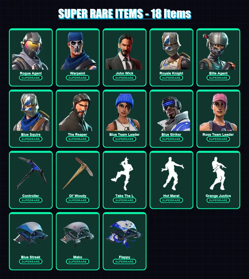 [PS4/PS5/XBOX/PC] | Rogue Agent | Warpaint | John Wick | Royale Knight | Elite Agent | 49 skin | 45 pickaxe | 31 emote | 45 glider | Lv546