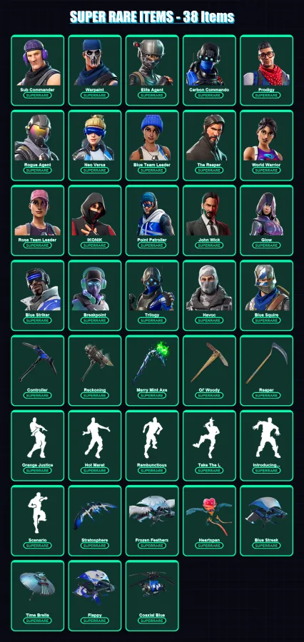 [PC/XBOX/PSN] | Sub Commander | Warpaint | Elite Agent | Carbon Commando | Prodigy | 197 skin | 119 pickaxe | 176 emote | 103 glider | Lv1243