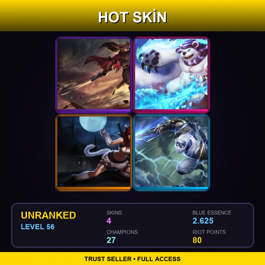 EUW | Lv56 | Unranked | 4 Skin | 27 Champ — LoL account