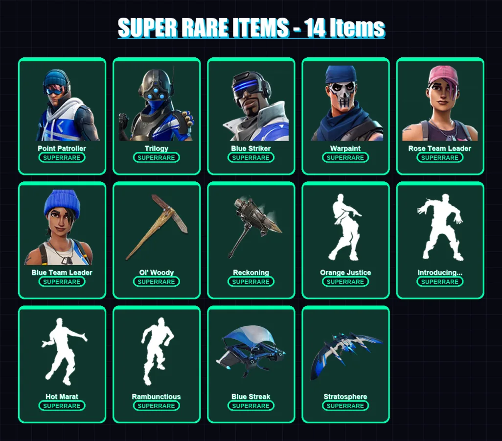 [PC/XBOX/PSN] | Point Patroller | Trilogy | Blue Striker | Warpaint | Rose Team Leader | 126 skin | 167 pickaxe | 141 emote | 127 glider | Lv2174
