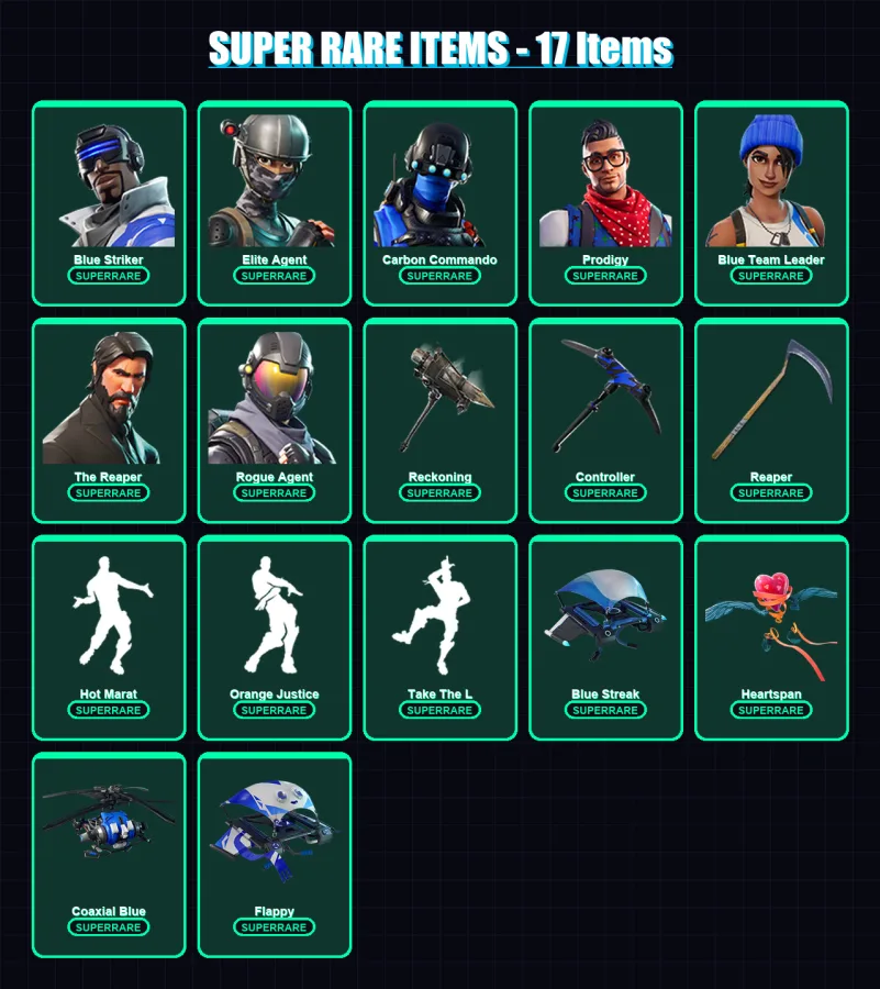 [PS4/PS5/XBOX/PC] | Blue Striker | Elite Agent | Carbon Commando | Prodigy | Blue Team Leader | 75 skin | 41 pickaxe | 56 emote | 45 glider | Lv541 — Fortnite account
