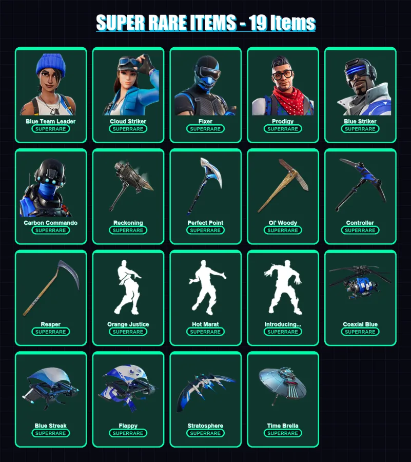[PS4/PS5/XBOX/PC] | Blue Team Leader | Cloud Striker | Fixer | Prodigy | Blue Striker | 90 skin | 120 pickaxe | 116 emote | 102 glider | Lv1764