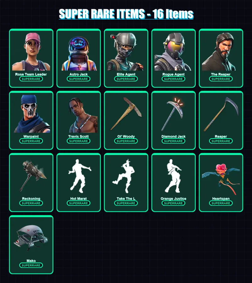 [PS4/PS5/XBOX/PC] | Rose Team Leader | Astro Jack | Elite Agent | Rogue Agent | The Reaper | 77 skin | 52 pickaxe | 67 emote | 70 glider | Lv1043