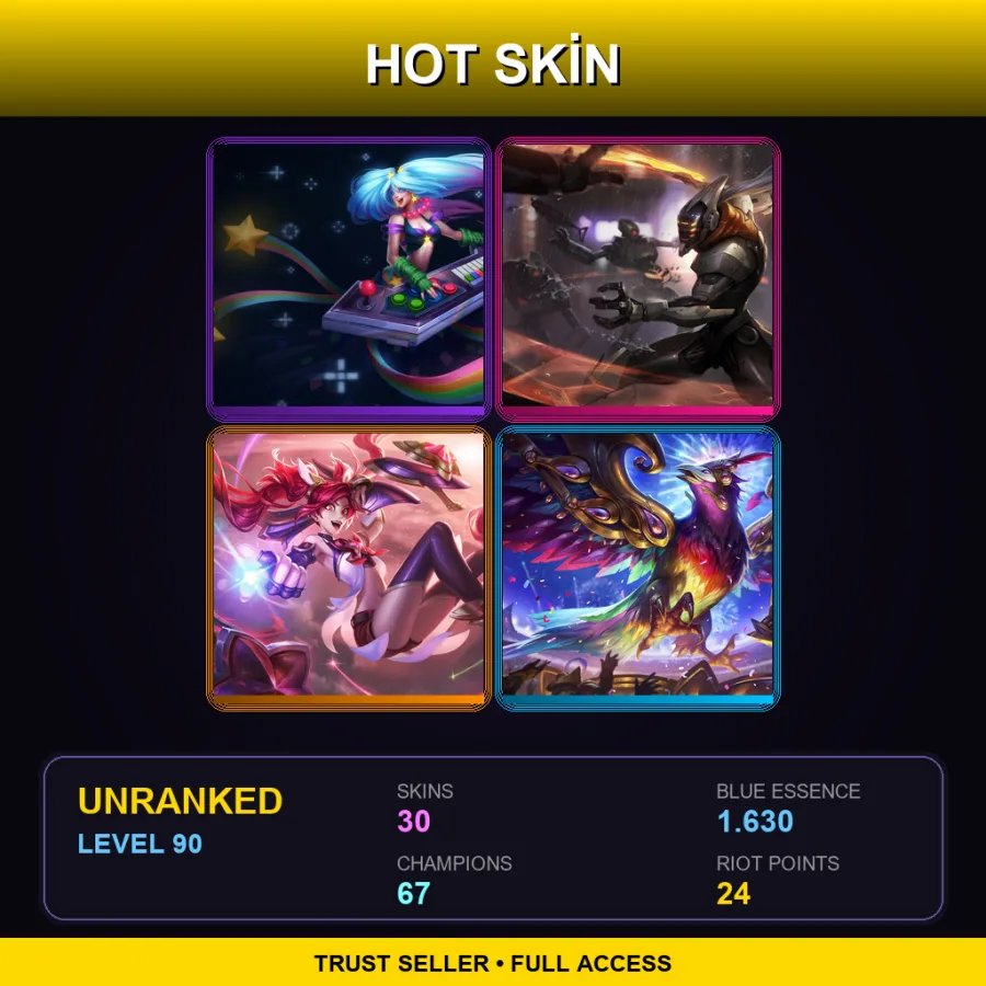 LAN | Arcade Sona | PROJECT: Yi | Star Guardian Jinx | Festival Queen Anivia | 30 Skin | 67 Champ | Lv90