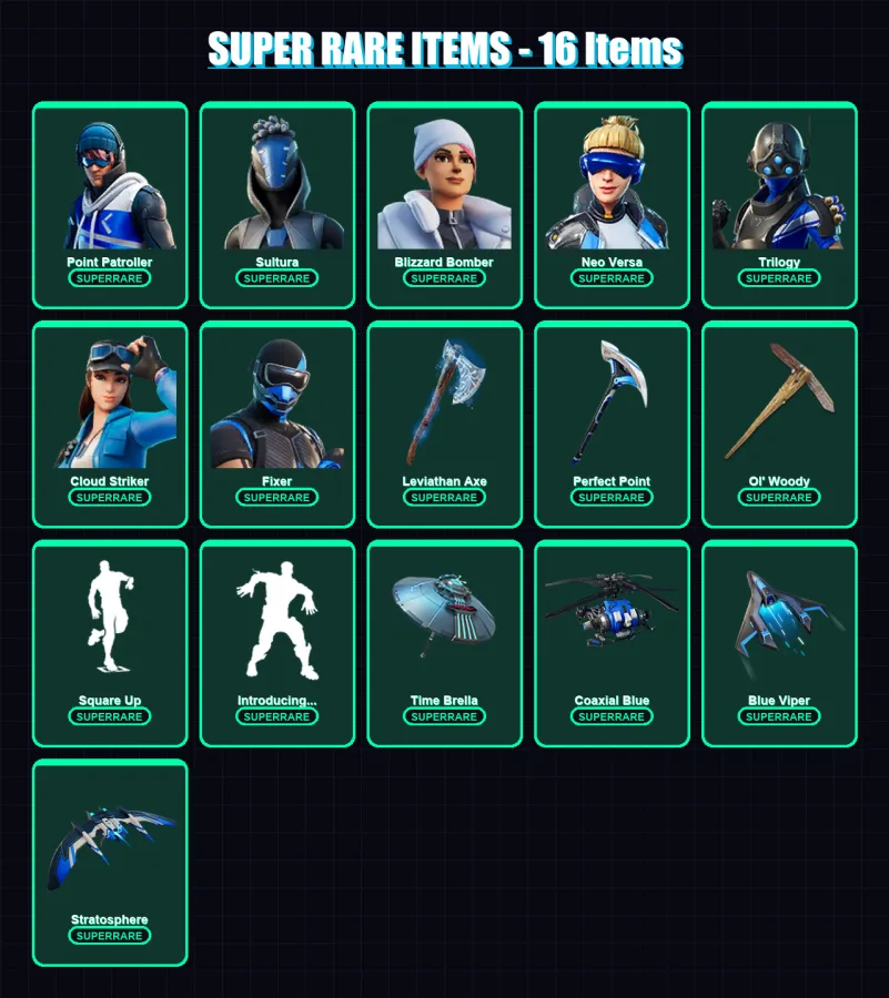 [PC/XBOX] | Point Patroller | Sultura | Blizzard Bomber | Neo Versa | Trilogy | 180 skin | 170 pickaxe | 140 emote | 153 glider | Lv2161